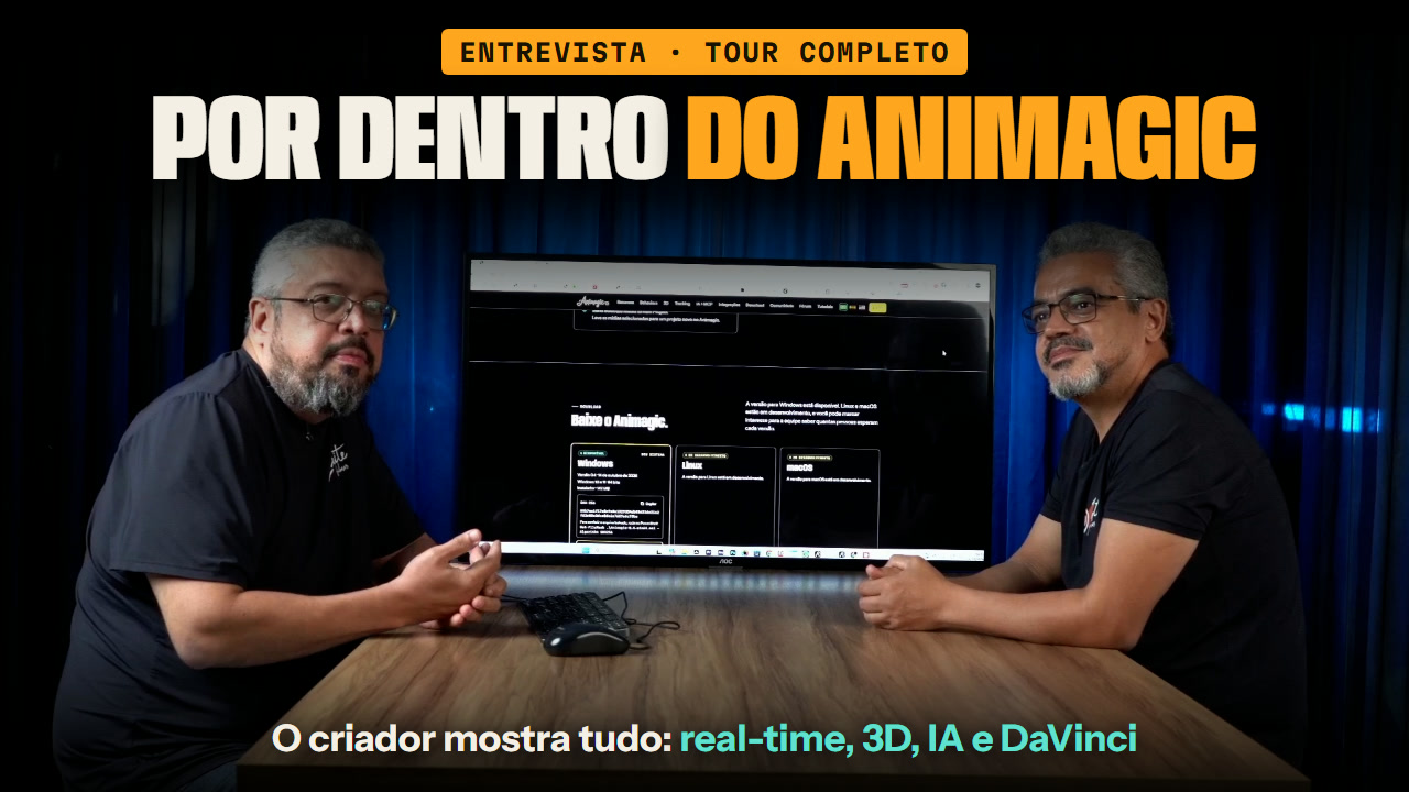 Miniatura da entrevista: Por dentro do Animagic, com o criador do software e o entrevistador diante do programa aberto