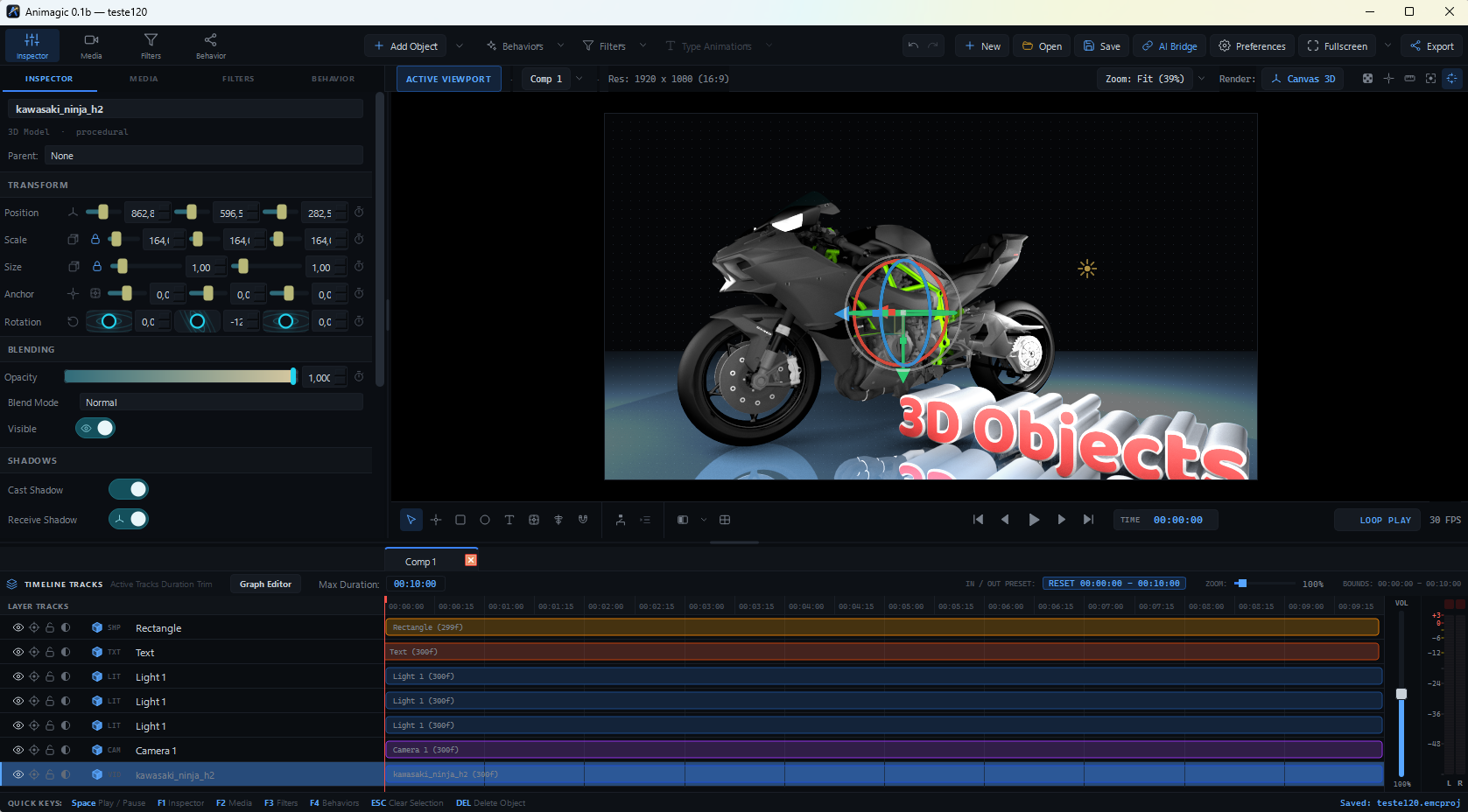 Animagic em modo Canvas 3D com o modelo de uma moto Kawasaki Ninja H2 selecionado, gizmo de rotação, texto 3D “3D Objects”, três luzes e uma câmera na timeline, e as opções Cast Shadow e Receive Shadow no inspector